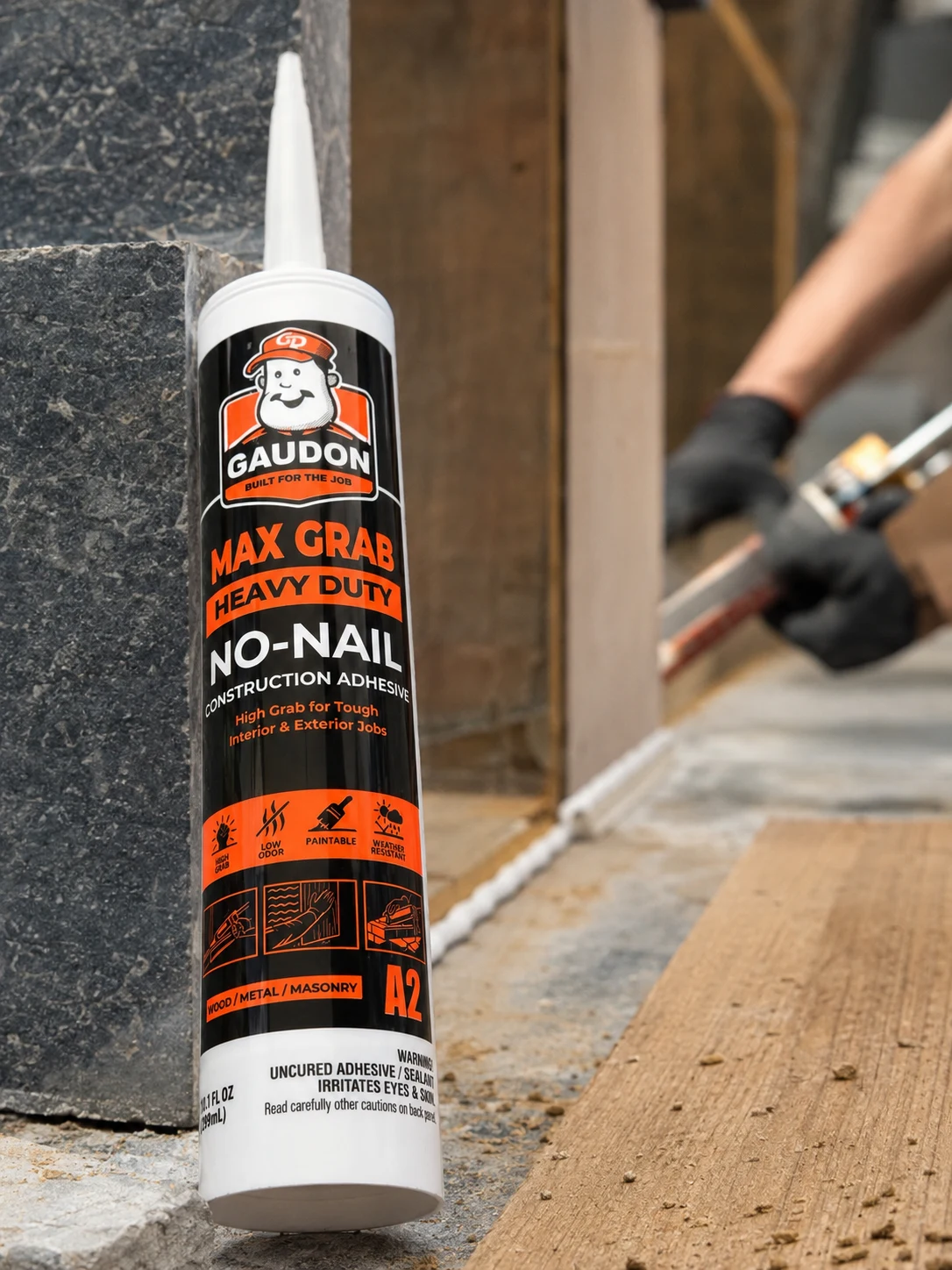 Heavy-Duty No-Nail Construction Adhesive in use